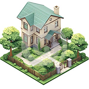 Isometric 3d illustration of landscape around the house. AI generated