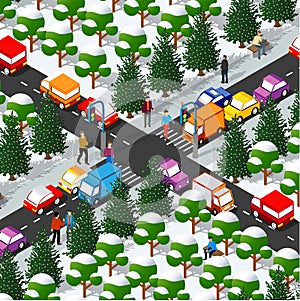 An isometric 3D illustration of a winter city, comprising cars,