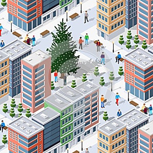 An isometric 3D illustration of a winter city, comprising houses