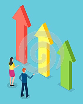 Isometric 3d illustration, woman and man looking at growing big arrows chart, infographics