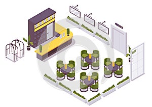 Isometric 3d interior hotel lobby, hostel. Check in desk, hotel luggage trolley, lift, tables and chairs