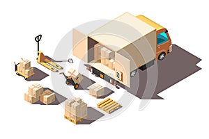 Isometric 3d light shipment truck with forklift and box for delivery moving.