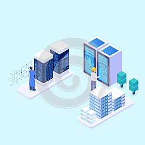Isometric 3D Man Working in Data Center