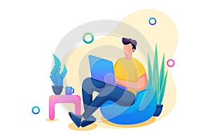 Isometric 3D. Man Works At Home, In a Cozy Atmosphere With a Laptop In His Hands. Concept For Web Design