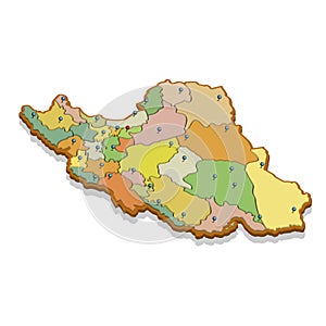 Isometric 3D map of the Iran with regions. Isolated political country map in perspective with administrative divisions and pointer