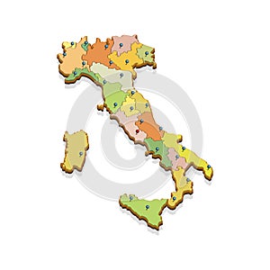 Isometric 3D map of the Italy. Isolated political country map in perspective with administrative divisions and pointer marks.