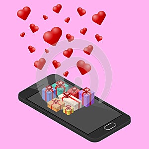 Isometric 3d mobile phone, technology of new smart phone with a lot of presents in valentine`s day theme on pink background, Illu