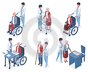 Isometric 3d old people medical help care. Senior people medical therapy, elderly patient nursing vector illustration