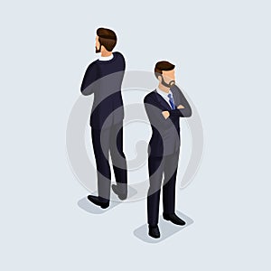 Isometric 3D people, businessman, of a corporate clothing, strict manager, hairstyle. Front view rear view isolated on a light