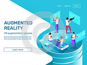 Isometric 3d people learning and working at augmented reality headset mobile gadgets. VR augmentation glasses vector