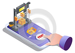 Isometric 3d printer building cube on mobile screen. 3D printing service for on demand manufacturing vector illustration