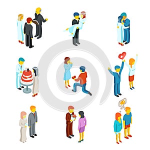 Isometric 3d relationship and wedding people icons