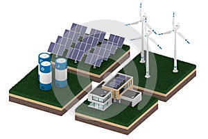 Isometric 3d render of network made of wind turbines, solar panels, battery and house