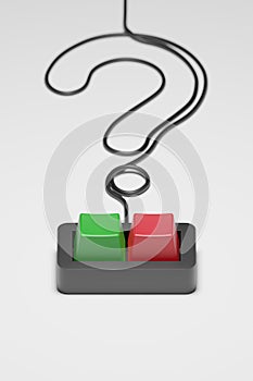 Isometric 3D rendering button green and red color with Question mark made from cable, Complicated vote choice concept design on