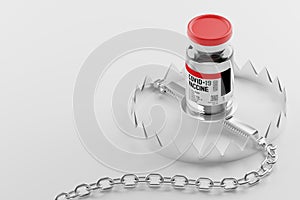 Isometric 3D rendering Covid-19 vaccine bottle with iron trap, Side effects risk concept design on white background with copy