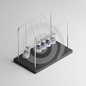 Isometric 3D rendering Covid-19 vaccine bottle momentum Newton`s cradle, Vaccination Campaign Plan for Herd immunity protection