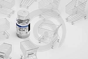 Isometric 3D rendering Covid-19 vaccine bottle and Shopping cart, Crisis shortage concept design on white background with copy