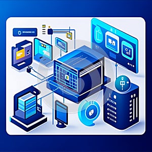 Isometric 3D server room, data center, big data center, cloud storage, web hosting, cloud computing concept. Vector Generative AI