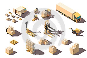 Isometric 3d set big and small shipment truck with forklift and box for delivery moving.