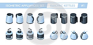 Isometric 3d set of different electric kettles