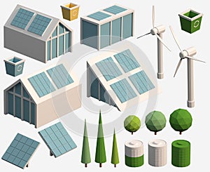 Isometric 3d set of natural alternative environmentally renewable sources of green energy and smart home. Electricity