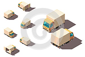 Isometric 3d set small shipment truck for delivery moving.