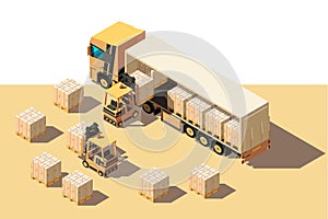 Isometric 3d shipment truck with forklift and box for delivery moving.