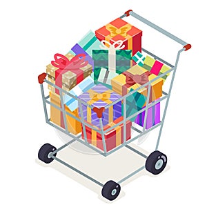 Isometric 3d shopping cart purchase goods gift isolated object icon flat design vector illustration