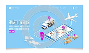 Isometric 3D Smart global logistics delivery tracking system on smartphone concept with export, import, warehouse business and