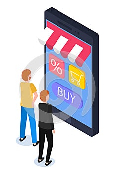 Isometric 3d smartphone, people making online shopping with app, buying products in internet