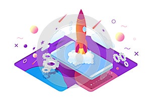 Isometric 3d start up project with rocket, gear wheel, smartphone, graphic planets.