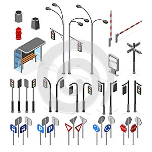 Isometric 3d street, road vector objects icons set