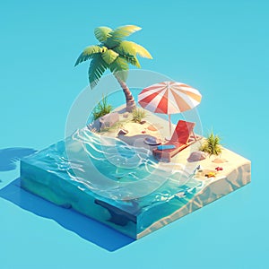 isometric 3d travel and summer beach vacation relax illustration. Deck chair on sandy sea beach, palm tree, flip-flops