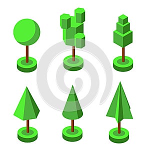 Isometric 3d vector park and garden trees and bushes. Green forest plants collection. Green tree and bush environment