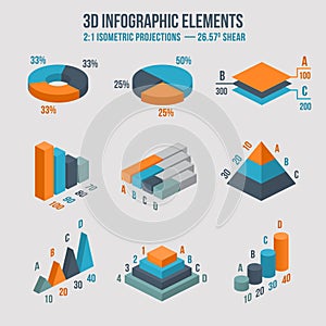 Isometric 3d vector sign. Pie and donut chart