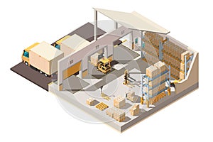 Isometric 3d warehouse with parking, shipment truck, forklift and box for delivery.