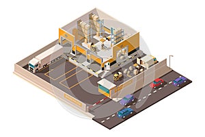 Isometric 3d warehouse with territory, parking, big shipment truck, forklift and box for delivery.