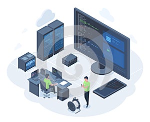 Isometric 3d web hosting, database network server concept. Cloud network technology server engineers vector illustration. Server