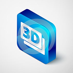 Isometric 3D word icon isolated on grey background. Blue square button. Vector