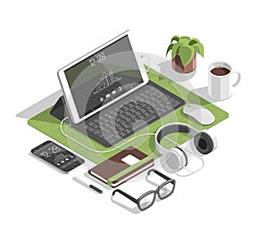 Isometric 3d workspace concept vector. Devices set.