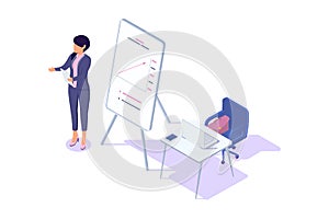 Isometric 3d young businesswoman presentation success statistic with laptop and diagram.