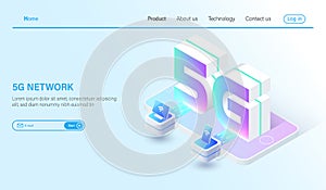 Isometric 5G mobile network wireless systems and internet vector illustration. Communication network concept
