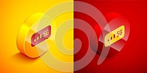 Isometric 5G new wireless internet wifi connection icon isolated on orange and red background. Global network high speed