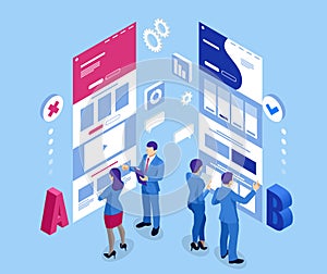 Isometric AB testing, comparison concept. Split Testing web page comparing.