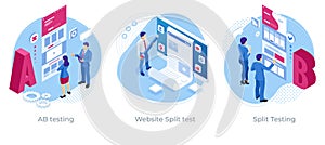 Isometric AB testing, comparison concept. Split Testing web page comparing. Website Split test