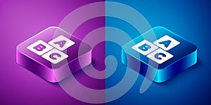 Isometric ABC blocks icon isolated on blue and purple background. Alphabet cubes with letters A,B,C. Square button