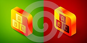 Isometric ABC blocks icon isolated on green and red background. Alphabet cubes with letters A,B,C. Square button. Vector