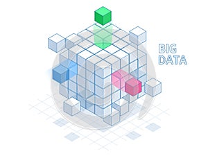 Isometric Abstract Big Data Cube, Box Data. Science and technology. Vector illustration.