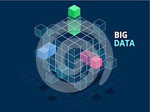 Isometric Abstract Big Data Cube, Box Data. Science and technology. Vector illustration.