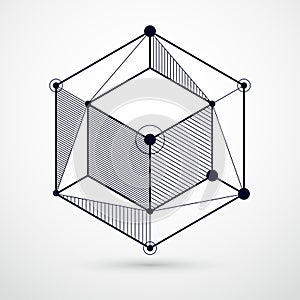 Isometric abstract black and white background with linear dimensional cube shapes, vector 3d mesh elements. Layout